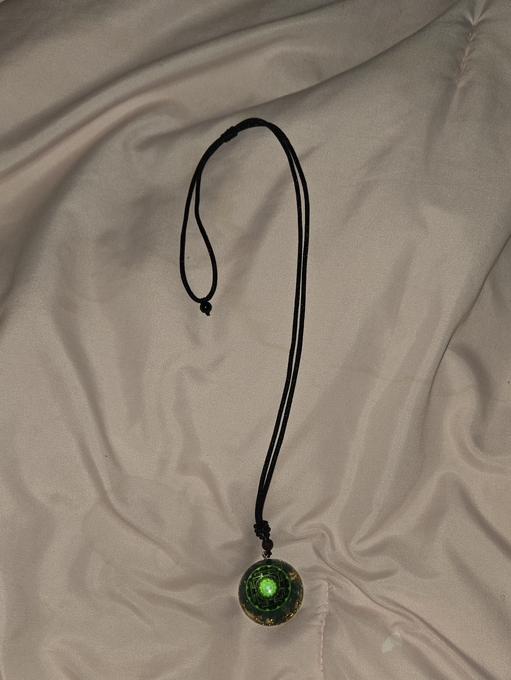 Black Cord Necklace with Green Glass Pendant